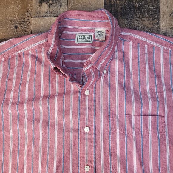 LL Bean Shirt Adult Large Reg‎ Blue Cotton Striped Button Up Short Sleeve Mens - Picture 2 of 7